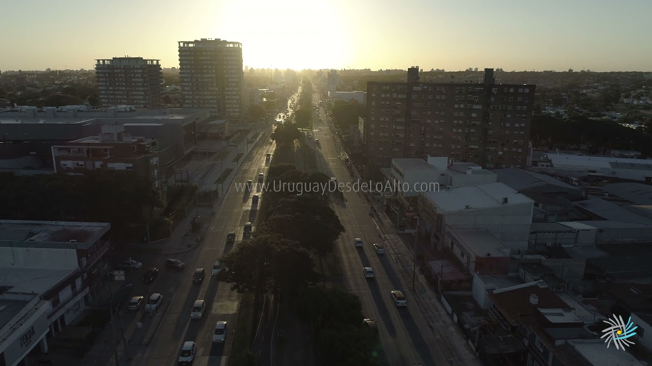 Video aéreo de Av. Italia a contraluz. Con el sol de frente.