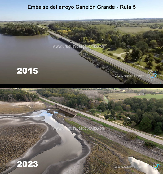 Comparativo volumen de agua en el embalse del arroyo Canelón Grande en 2015 y en 2023