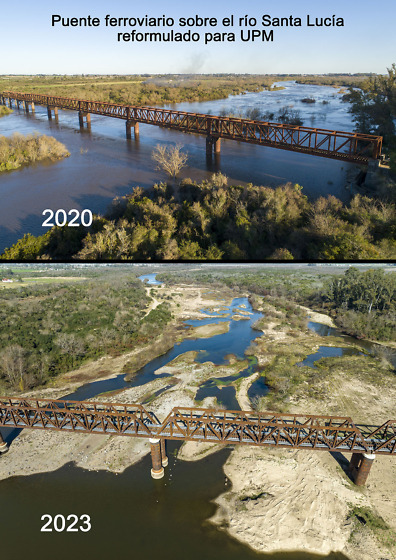 Puente ferroviario sobre el río Santa Lucía en el límite entre Canelones y Florida. Sequía de 2023