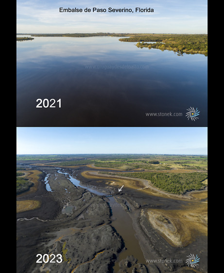 Embalse de la represa de Paso Severino. Comparativo años 2021 y 2023 por la sequía